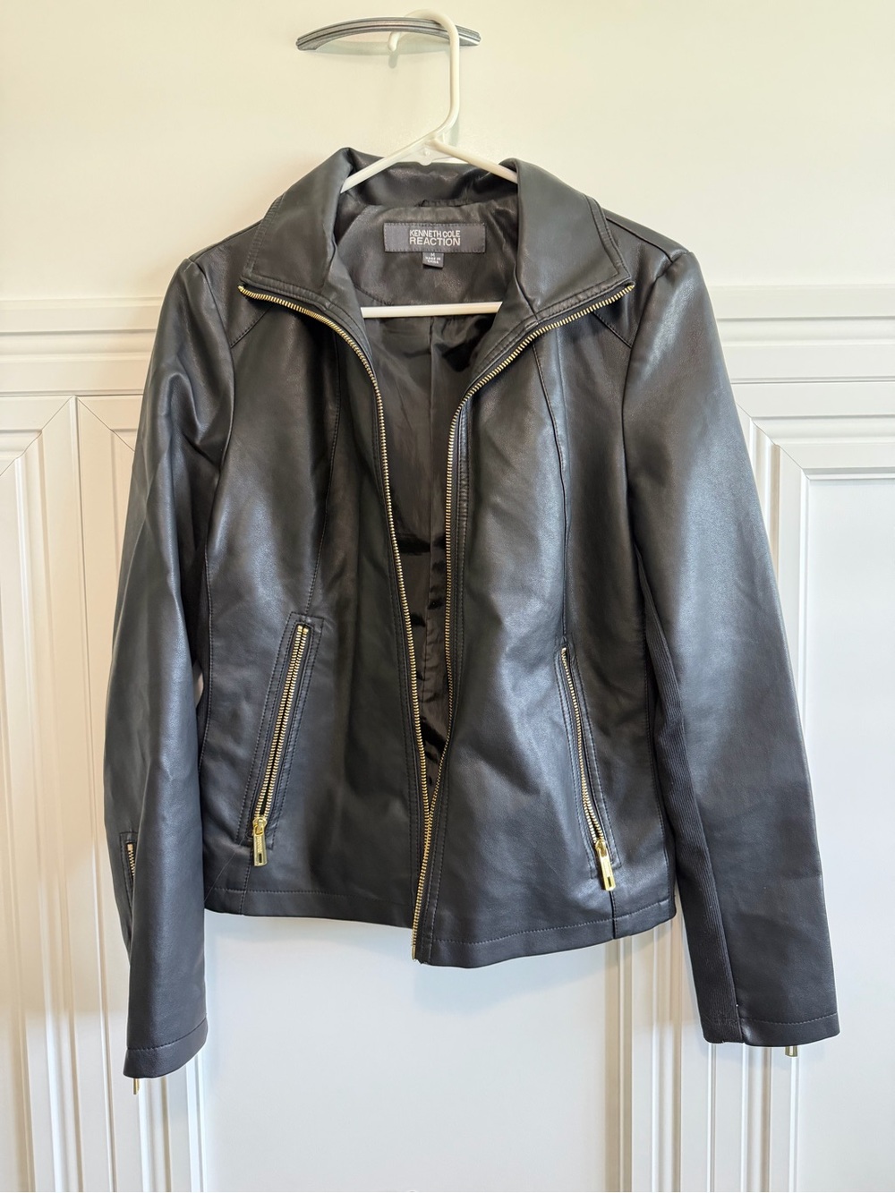 Kenneth Cole Reaction Black Faux Leather Jacket with Gold Zippers